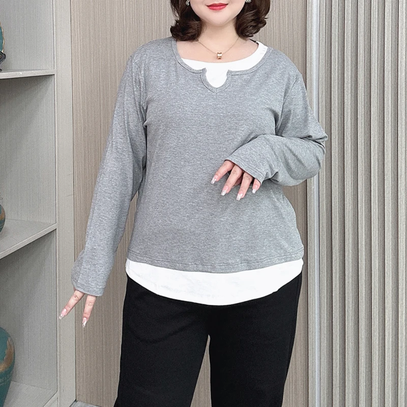 Autumn Long Sleeve Basic Tops Women New XL XXL Loose Tees Fake Two Pieces T-shirt 8116