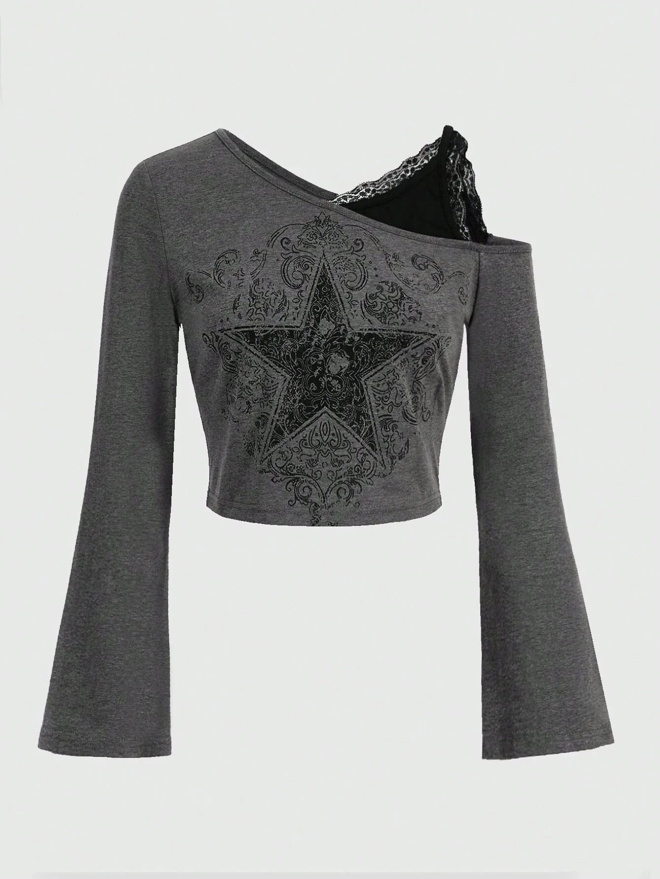 

Autumn T-Shirts 2025 Women's Casual Star Graphic Printing Long Flare Sleeve One-Shoulder Lace Daily Cropped T-Shirts