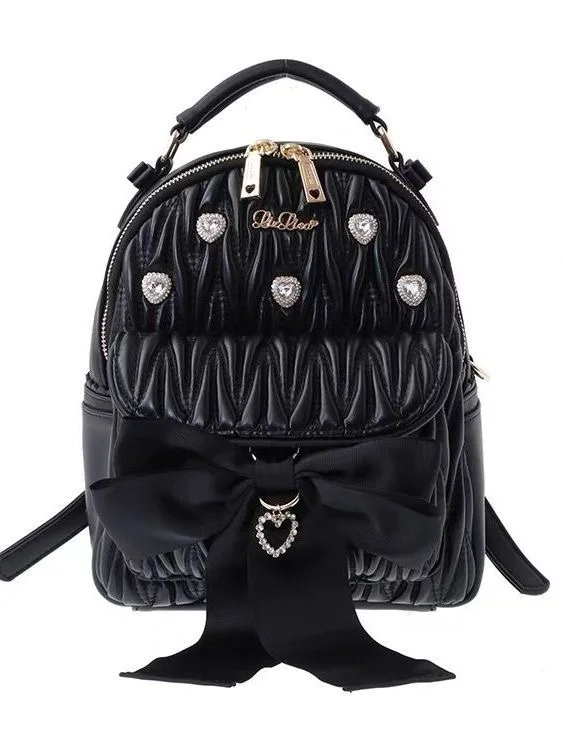 Japanese Sweet Mine Series Mass-produced Lolita Bags Girl Love Rhinestone Bow Wrinkles Cute Sweet Wind Backpack for Woman
