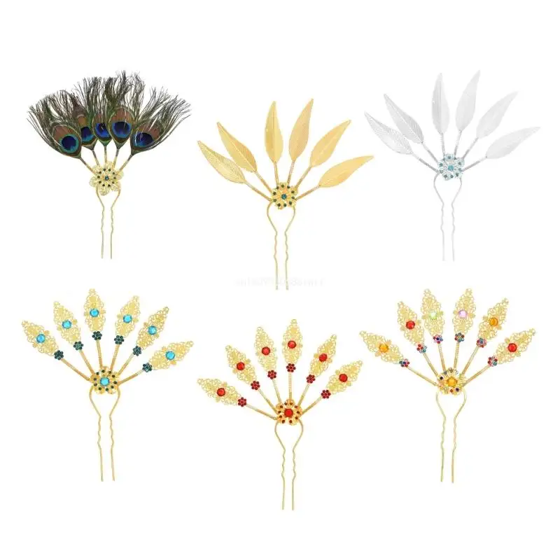 Stylish Gold Alloy Peacocks Hairpin with Rhinestones Hairpieces Hair Accesories Traditional Thai Hair Ornament Dropship