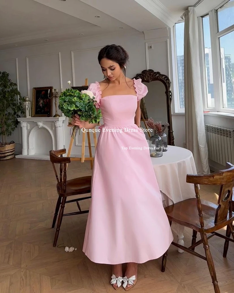 Qunque Eenvoudige Roze Avondjurken Aangepaste Vrouw A-lijn Satijnen Prom Gown Pofmouwen Ruches Vestidos Para Eventos Especiales