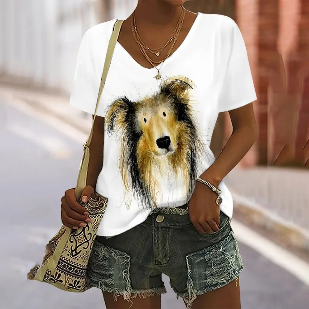 Women's T Shirt Casual Short Sleeve Cute Dog Print T Shirts Summer Fashion Streetwear V Neck Pullover Female Oversized Clothing