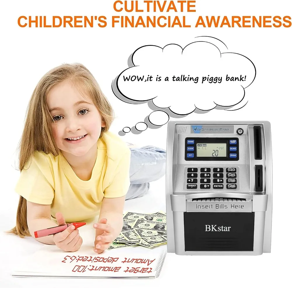 بنك ATM Piggy التفاعلي للأطفال مع المطالبات الصوتية، وحدة تغذية الأموال التلقائية، وحماية كلمة المرور وإعداد الأهداف #5