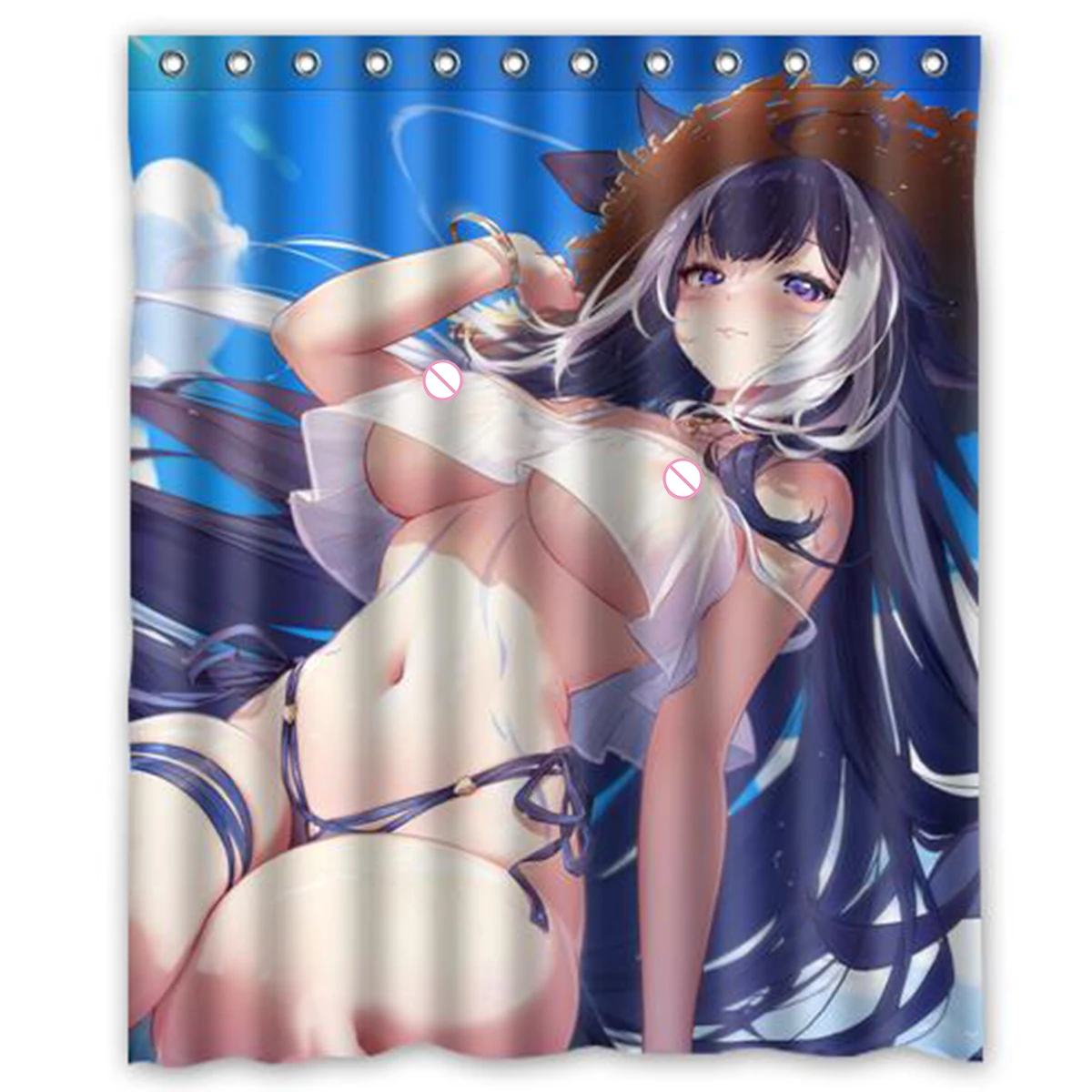 Anime White Hair Blue Eyes Orca Mask Lady Custom Shower Curtain 150x180cm For Bathroom