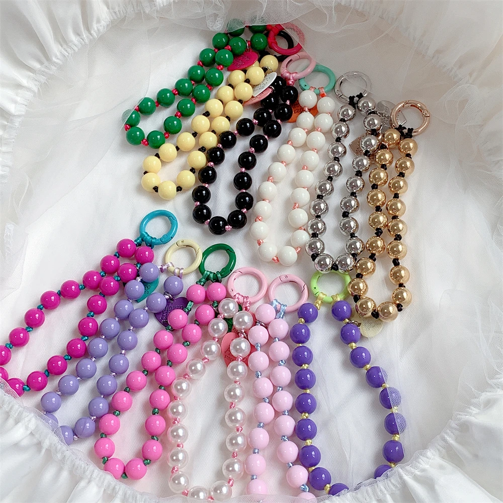 Korean Cute Love Heart Beaded Colorful Sweet Phone Bracelet For iPhone Women Accessories Anti-Lost Chain Lanyard Hanging Cord