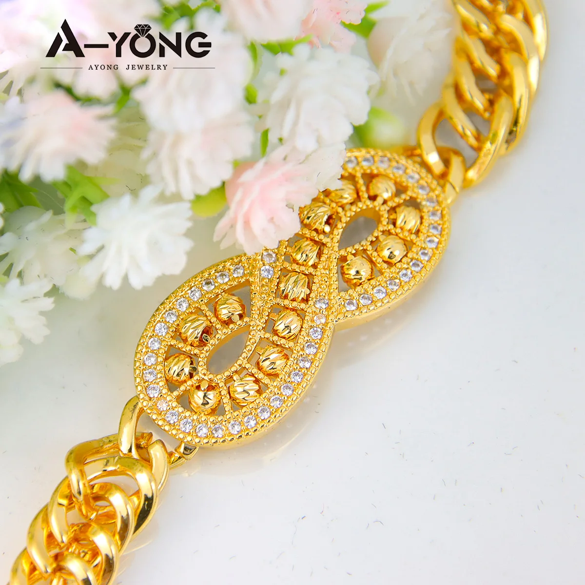 Luxury Gold Plated Beads Bracelet 21k Gold Color Turkish Cuban Infinity Bangles Dubai Saudi Women Wedding Party Jewelry