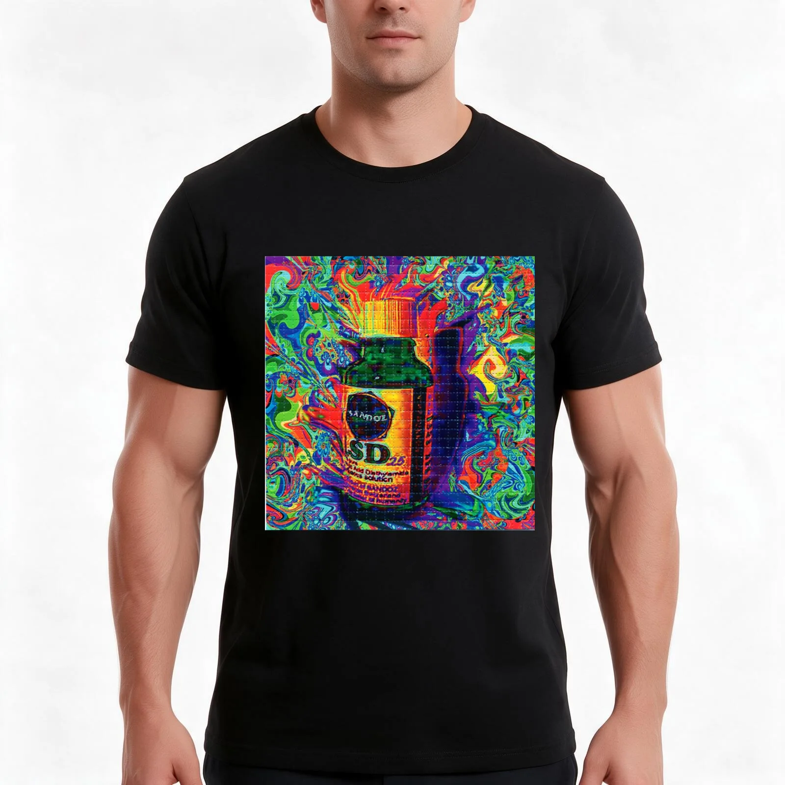 LSD 25 Sandoz vial blotter art T-Shirt, Summer Casual Cotton Tee, Oversized Streetwear Tops, Vintage Graphic Print, 100% Cotton
