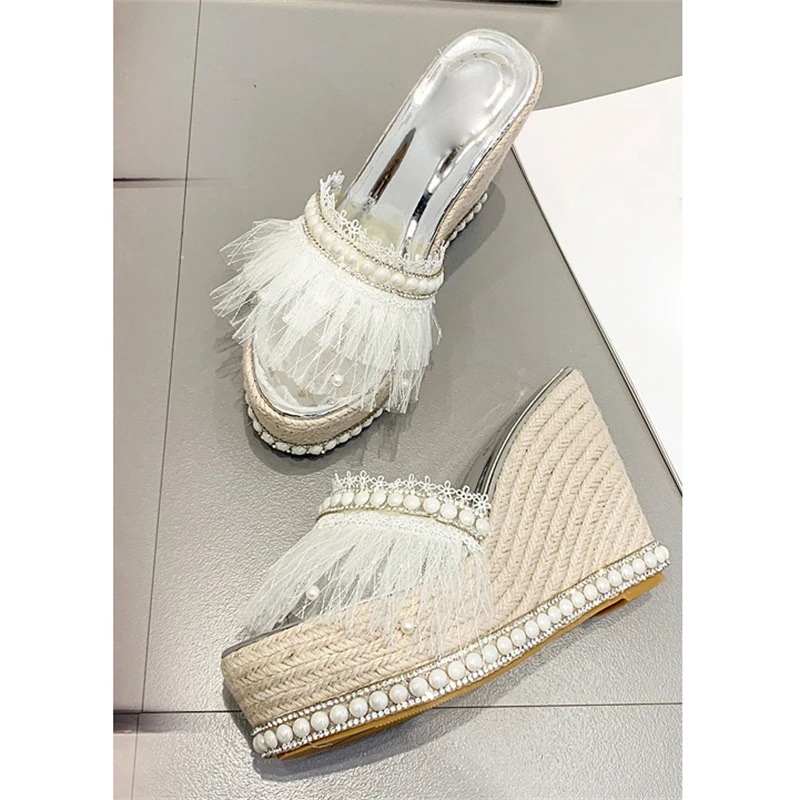 

Aneikeh 2026 Summer Fashion Designer Crystal Weave Wedges Platform Women Slippers PVC Transparent Mesh Fabric Open Toe Shoes