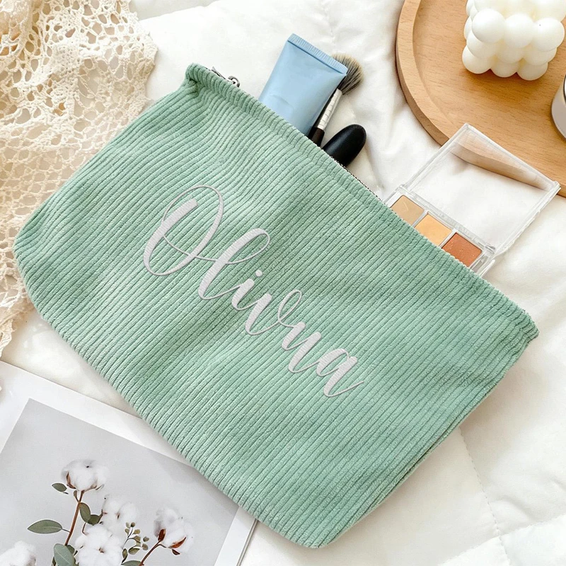 

Customized Text Embroidered Corduroy Makeup Bag with Zipper Functional Flat Tool Pouch Custom Washroom Bags Birthday Gift