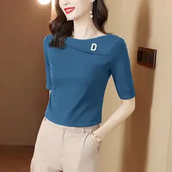 Spring Summer New Slim Solid Color T Shirts Half Sleeve All-match Irregular Office Tops Tees Temperament Elegant Women Clothing