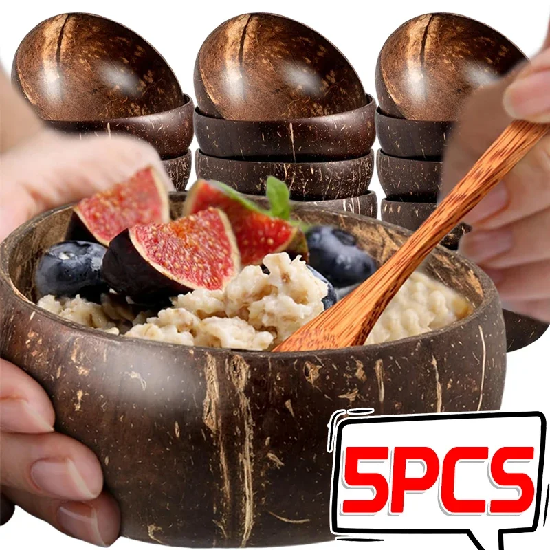 5/1PCS Natural Coconut Bowl Kitchen Dinner Set Handmade Wooden Tableware Wood Spoon Dessert Fruit Salad Mixing Rice Ramen Bowls