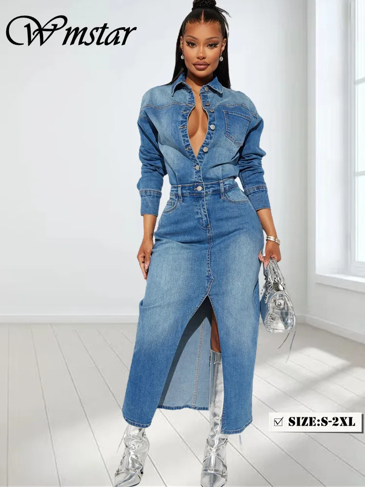 Wmstar Women Denim Dress  Solid Summer Long Sleeve Button Casual Sexy Female Office Shirt Dresses Wholesale Dropshpping 2024