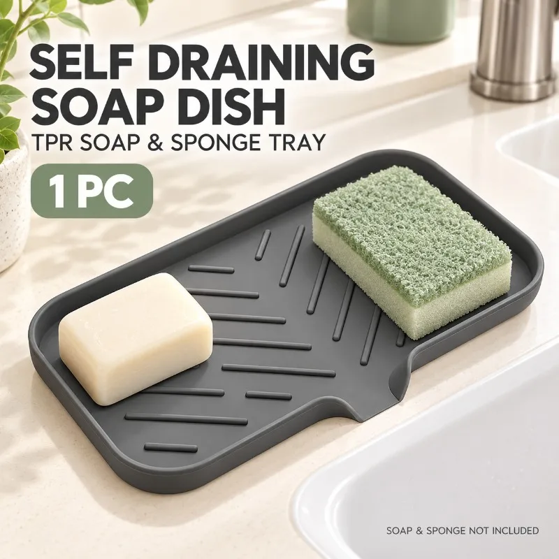 1PC Self Draining Soap Dish TPR Soap Holder Sponge Tray for Kitchen Sink Bathroom Countertop Organizer with Raised Ridges