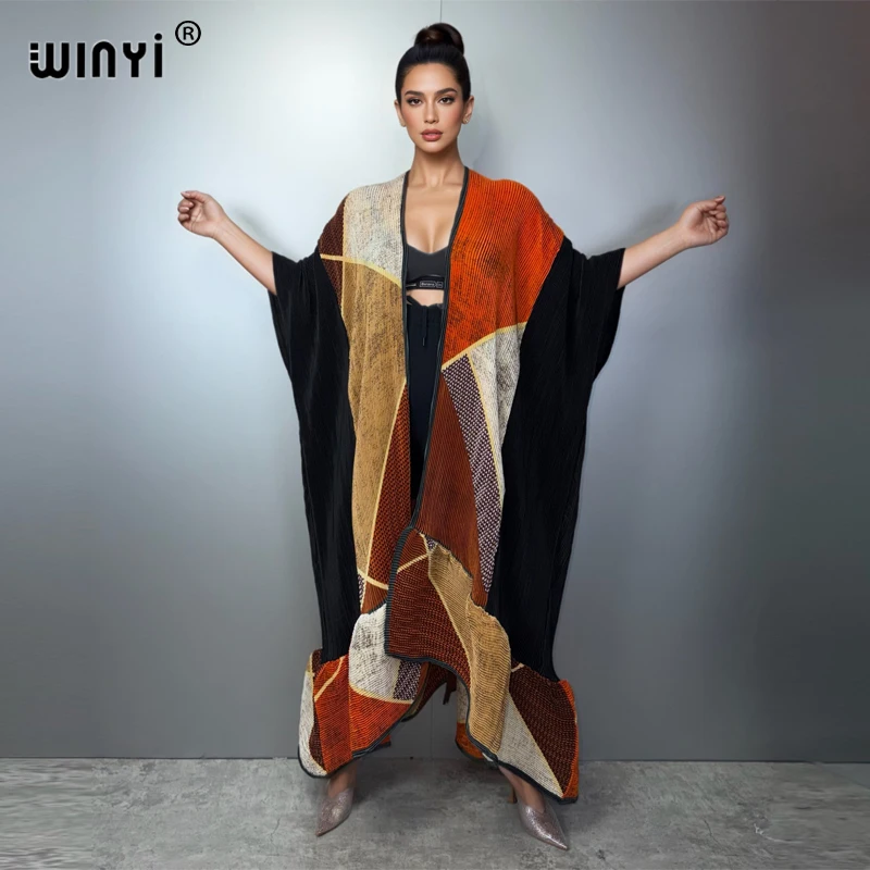 

Модный кимоно-кардиган WINYI для женщин с принтом, плиссированный, длинный, в стиле абайя, роскошная пляжная одежда из Дубая, платье-накидка в стиле бохо, кафтан.