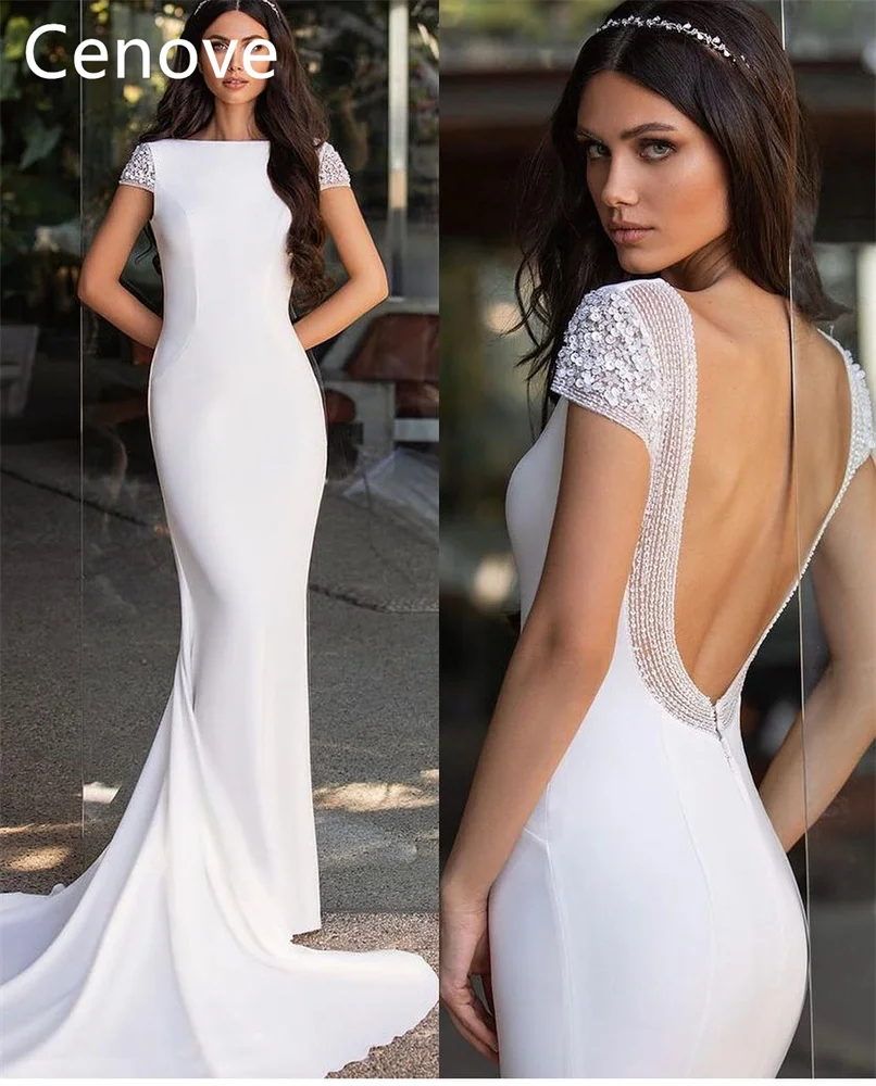 

Cenove White High Neckline Backless Prom Dress Floor Length With Short Sleeves Evening Summer Party Dress For Women2023