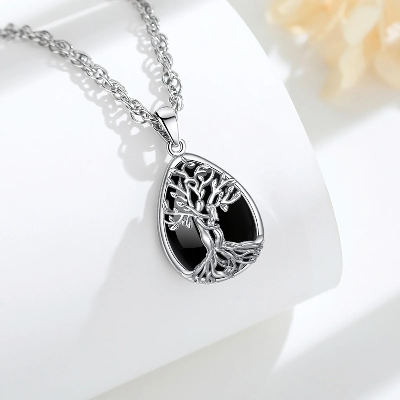 Eudora Tree of Life Couple Hug Necklace Obsidian Healing Stone Crystal Pendant Spiritual Jewelry Holiday Gift for Women Men