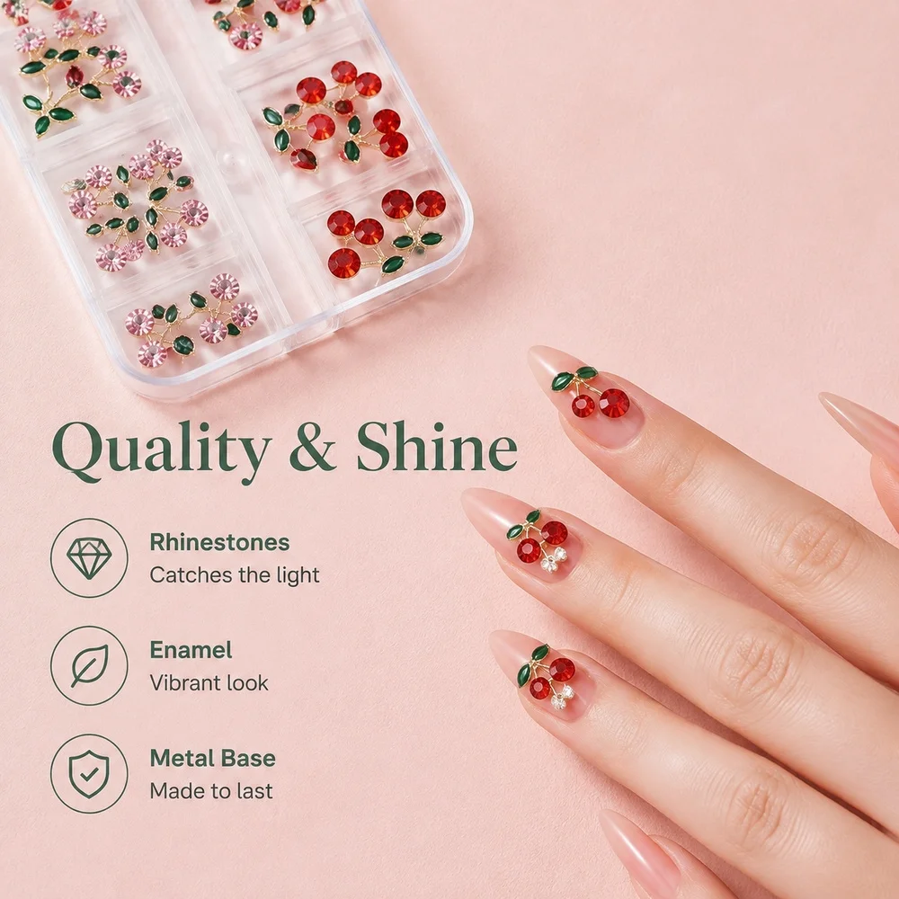 24Pcs Summer Fruit Alloy Nail Ornaments Red Pink Rhinestone Cherry With Enamel Leaf Clear Grid Box Manicure Decoration Charms