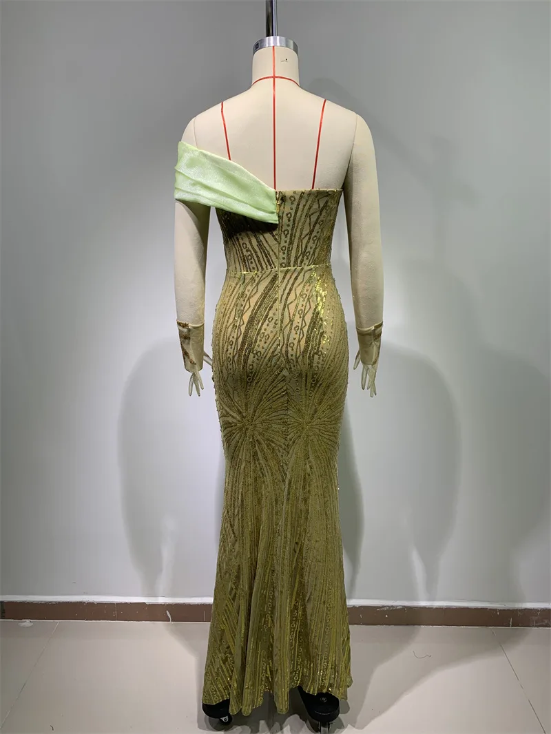 2025新作 レディースドレス ファッショングローブ ラインストーン スパンコール刺繍 ボディコン オフショルダー オリーブグリーンドレス 高級イブニングドレス