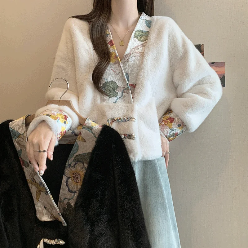 

Large Size Chinese Sle ort Coat Women's Autumn Winter Faux Mink Velvet Jaet with Button up Top Layer Thiened Long Sve
