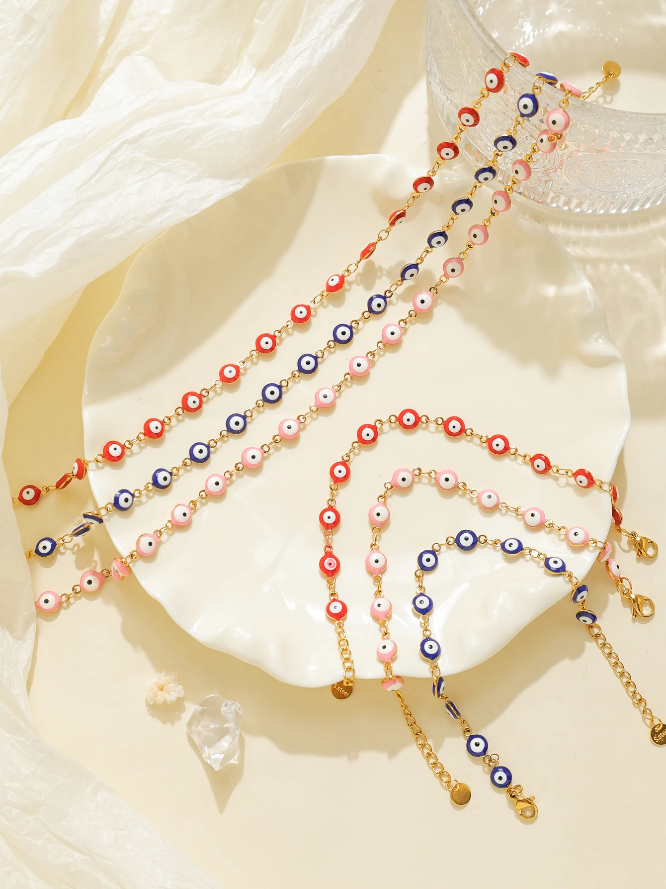 

Vintage 316L Stainless Steel Enamel Turkish Evil Eye Gold Bracelet Necklace Set Women's Daily Party Waterproof Jewelry Gift