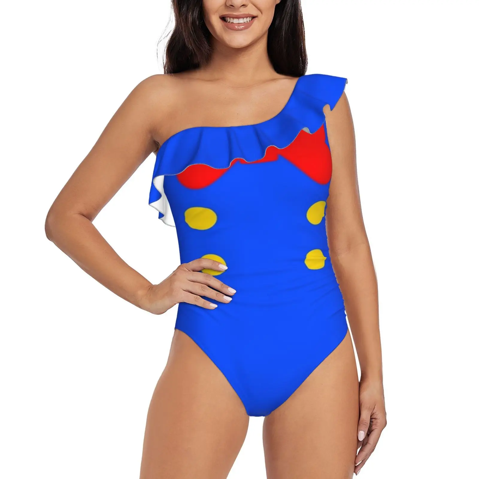 

Suit. One Shoulder Ruffle Swimsuit One-Piece Beach Bathing Suit Print Sexy Women Swimsuit Donald Costume Duck Mickey Cosplay