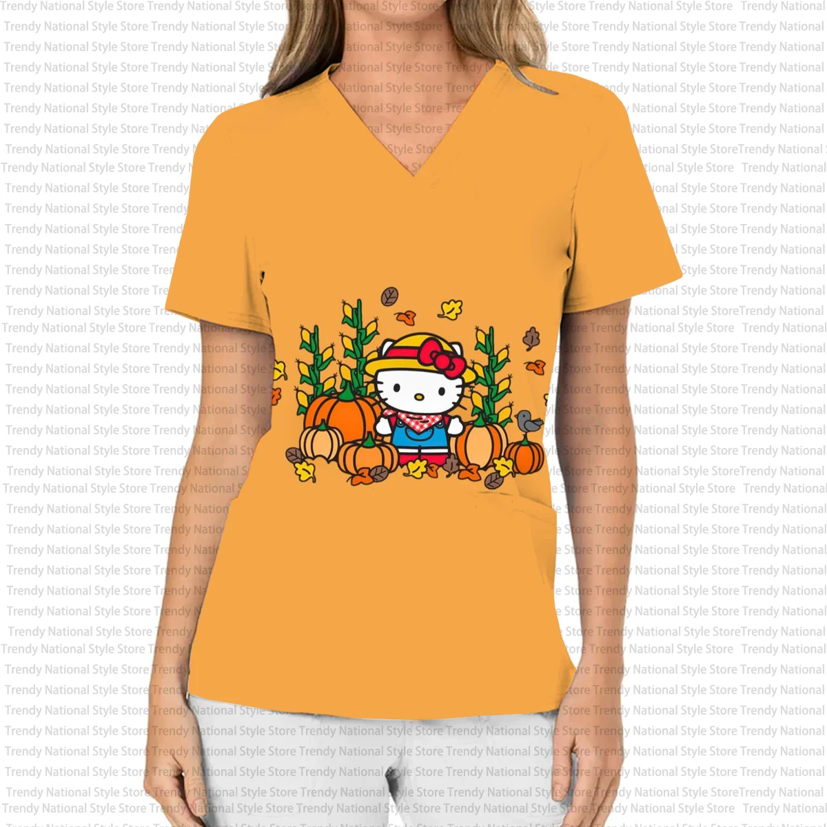 New Summer Scrub Top Halloween Hello Kitty Print Women's V-Neck Short-Sleeved T-Shirt Hospital Dental Pet Shop Nursing Uniform