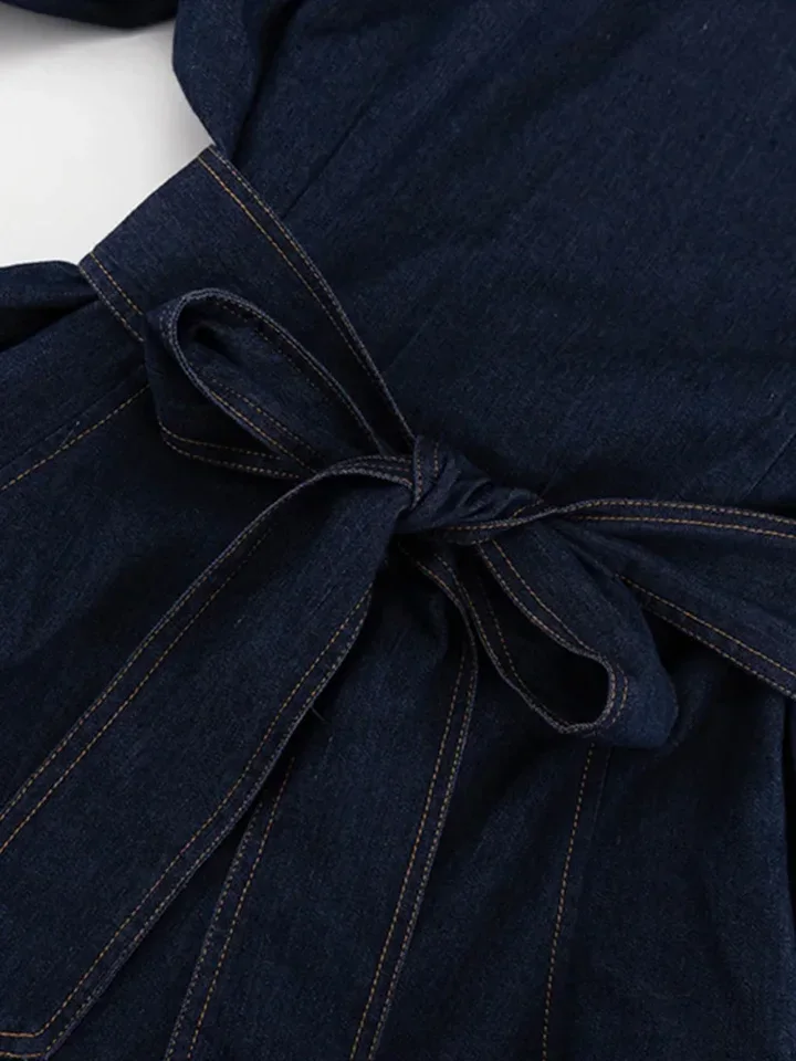 Vintage Blue Denim Women Mini Dresses Fashion O-Neck Long Lantern Sleeve Female Slim Robe Autumn High Waist Ladies Streetwear