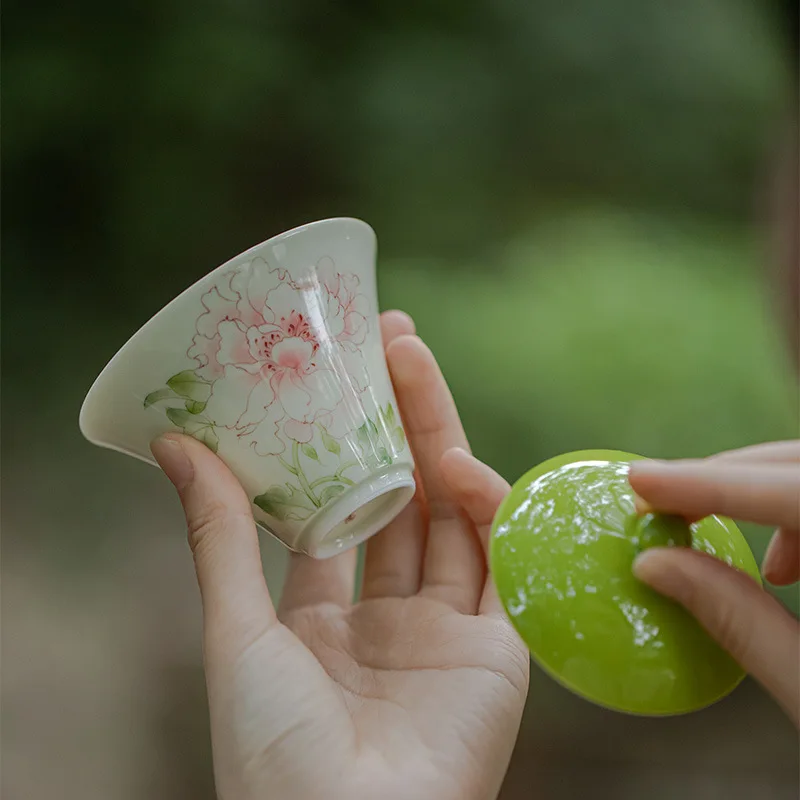 

Cuiyou, national color and natural fragrance, cloud return cover bowl, hand-painted peony flower household cover bowl, literati