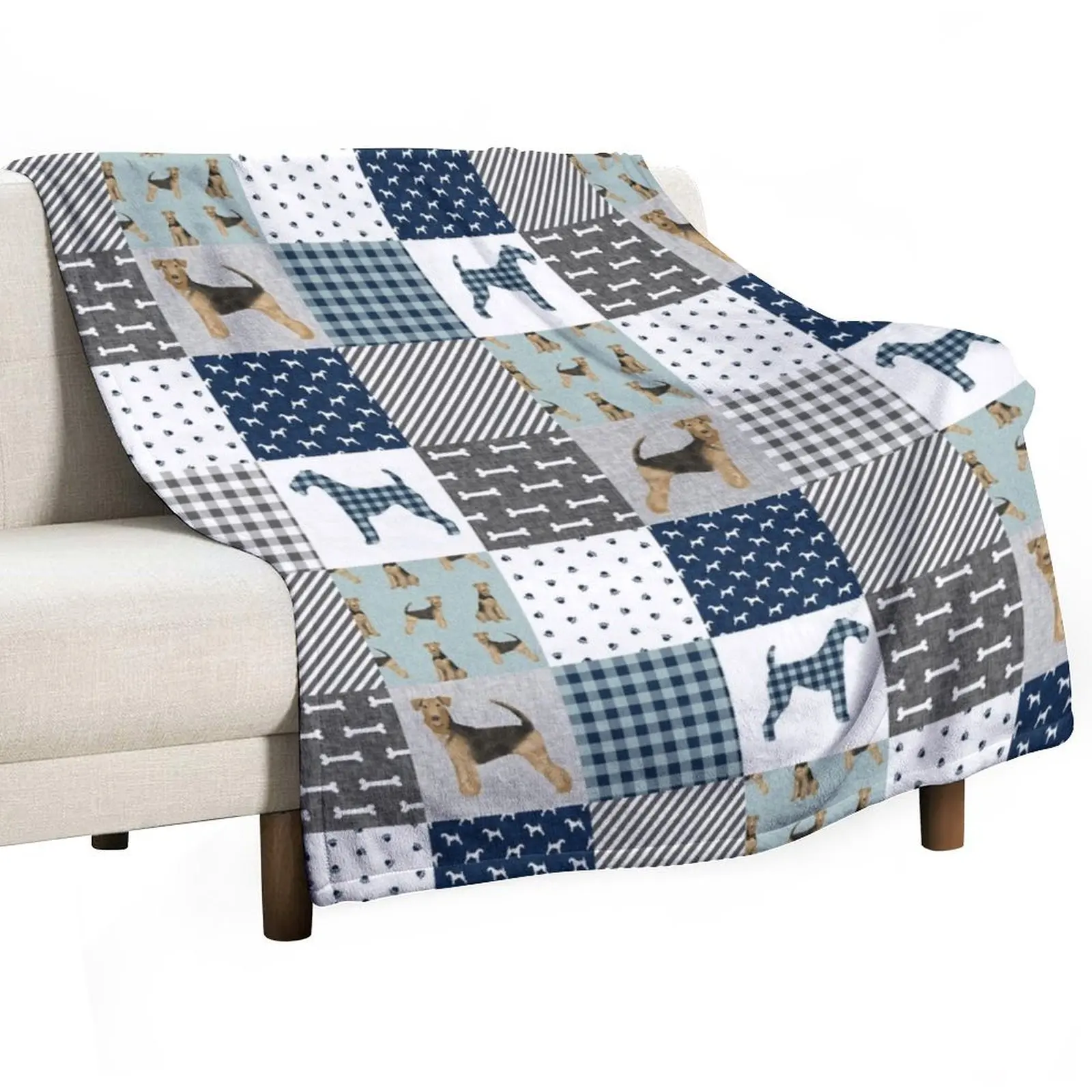 

airedale patchwork bedding, airedale bedding, airedale dog design, cute dog, dog fabric, plaid, buffalo plaid, dog Throw Blanket