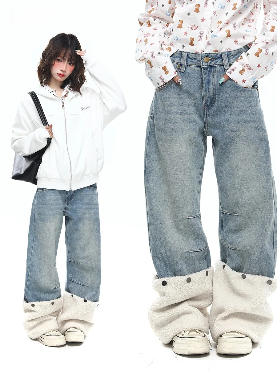 

Женские джинсы Sanowers в американском ретро-стиле, с отстегивающимися шерстяными вставками, широкие, свободного кроя, с флисовой подкладкой, прямые, в пол