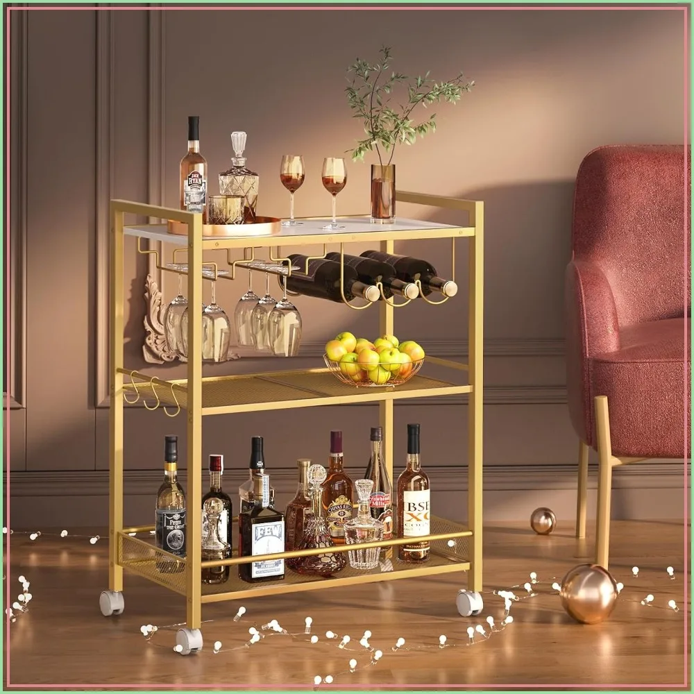 3-Tier Rolling Bar Cart with Wine Rack and Glass Holder, Mobile Kitchen Shelf for Dining Room, Gold