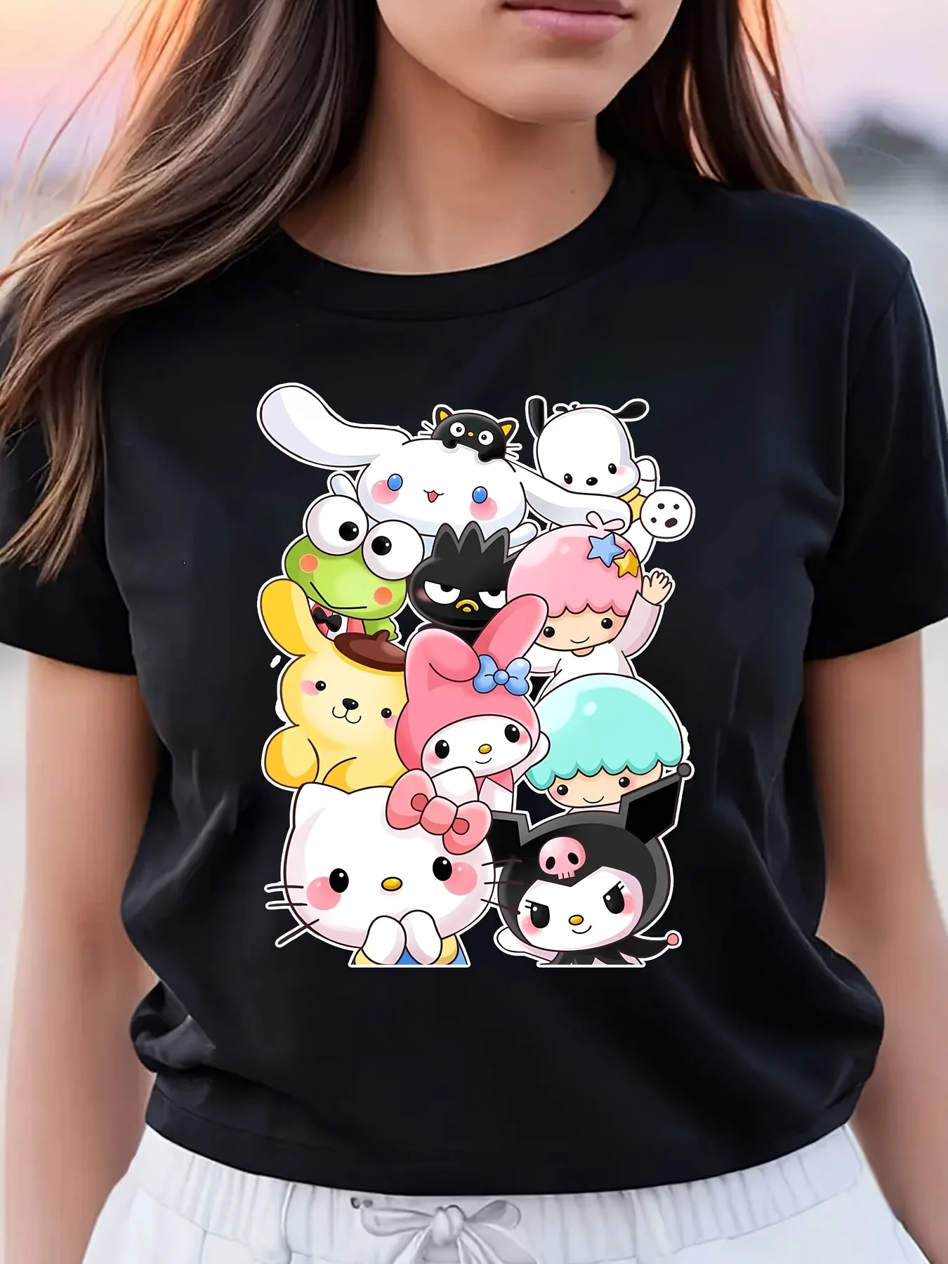 مرحبا كيتي الخريف قصيرة الأكمام المرأة تي شيرت 100% القطن الكرتون لطيف جولة الرقبة نصف كم فضفاض عارضة قصيرة الأكمام أعلى