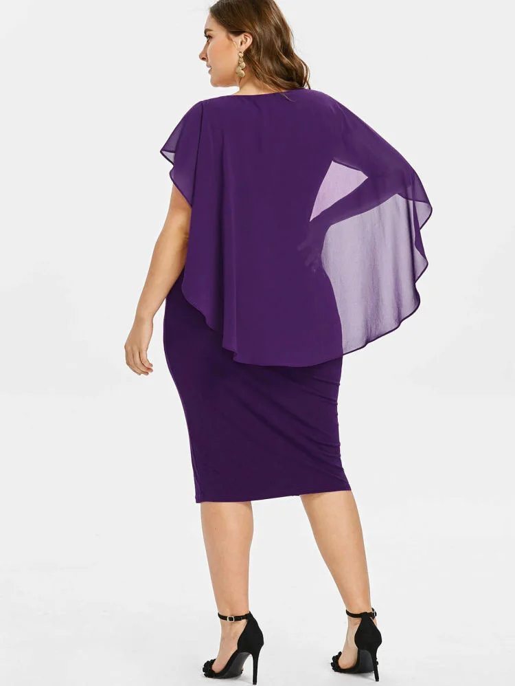 Crew neck short-sleeved chiffon shawl tight mid-skirt asymmetrical large-size dress drag queen costumes