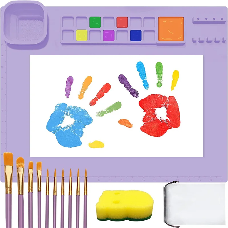 

Thickened Silicone Painting Mat for Kids with Magnetic Detachable Cleaning Cup Non-Stick Art Pad with 10 Brushes ​Sponge