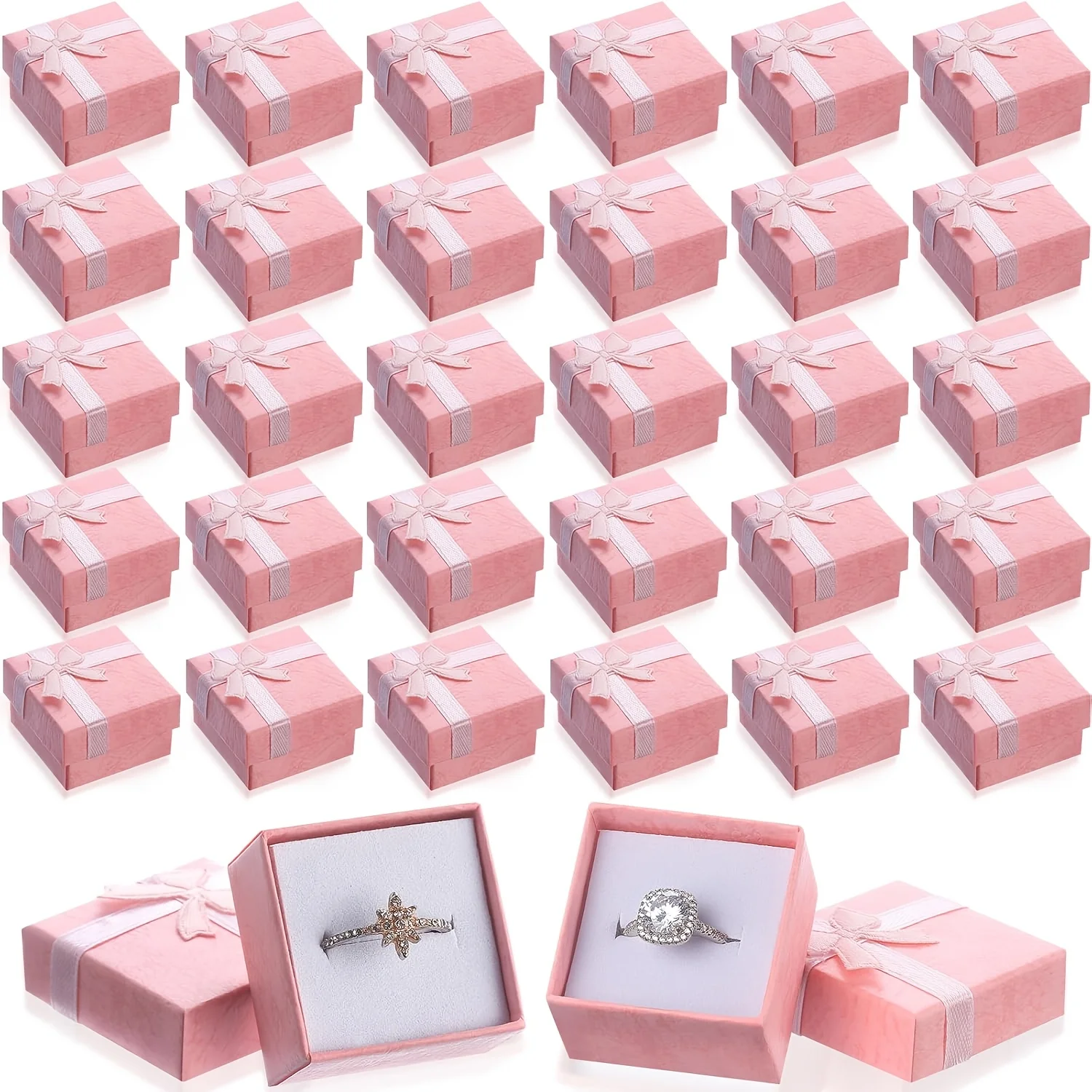 

160pcs Elegant Pink Cardboard Jewelry Gift Boxes with Ribbon Bows - Luxurious Ring & Earring Display Boxes Suitable for Wedding, Birthday, Proposal - Internal Fabric, Paper