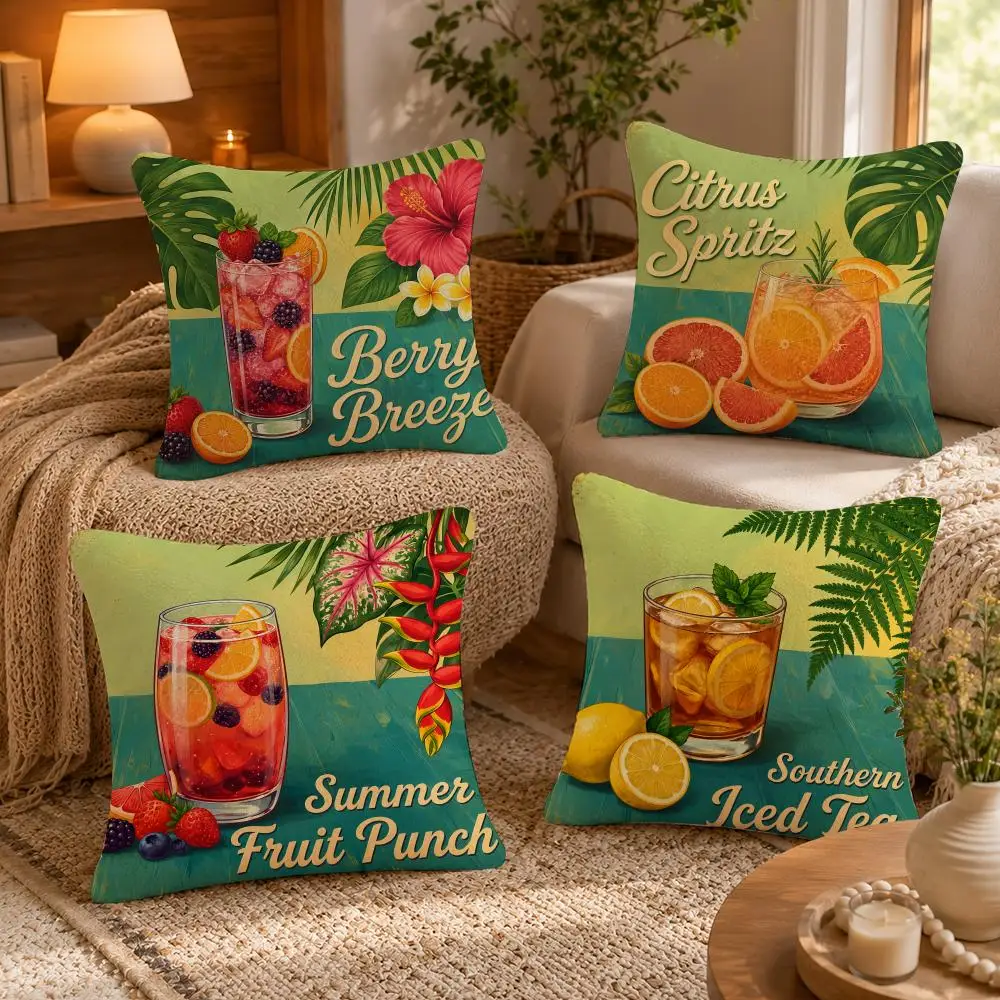 Tropical Style Cocktail Pattern Cushion Cover Soft Short Plush Pillow Case Double Sided Print Washable Sofa Bed Home Decor Gift