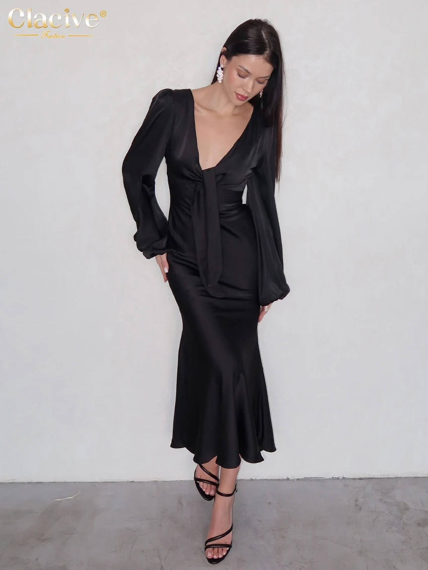 

Clacive Sexy Loose Black Satin Women's Dress Fashion V-Neck Long Sleeve Ankle Length Dresses Elegant Classic Solid Female Dress