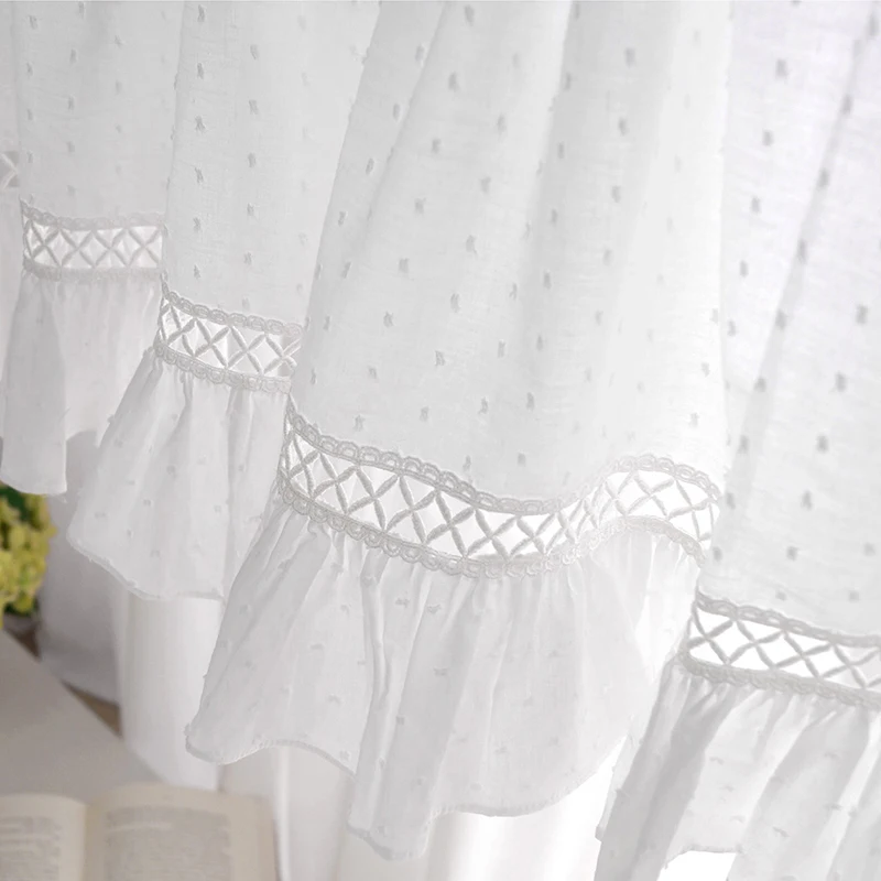 Korean Lace Short Curtain, Pastoral White Sheer Curtains, Half Coffee, Bathroom, Kitchen, Wave Ponits Drapes, Window Valance