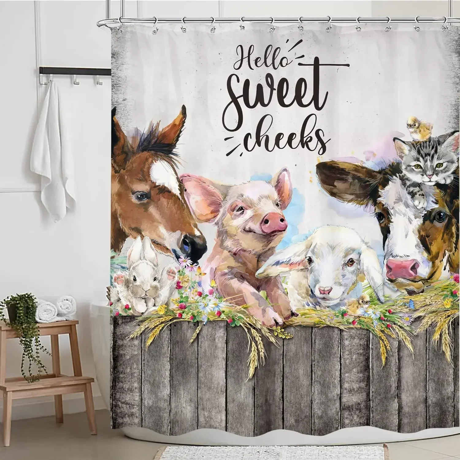 Farm Animal Shower Curtain Funny Highland Cow Donkey Pig Plant Rustic Wooden Panel Cartoon Polyester Fabric Bathroom Decoration