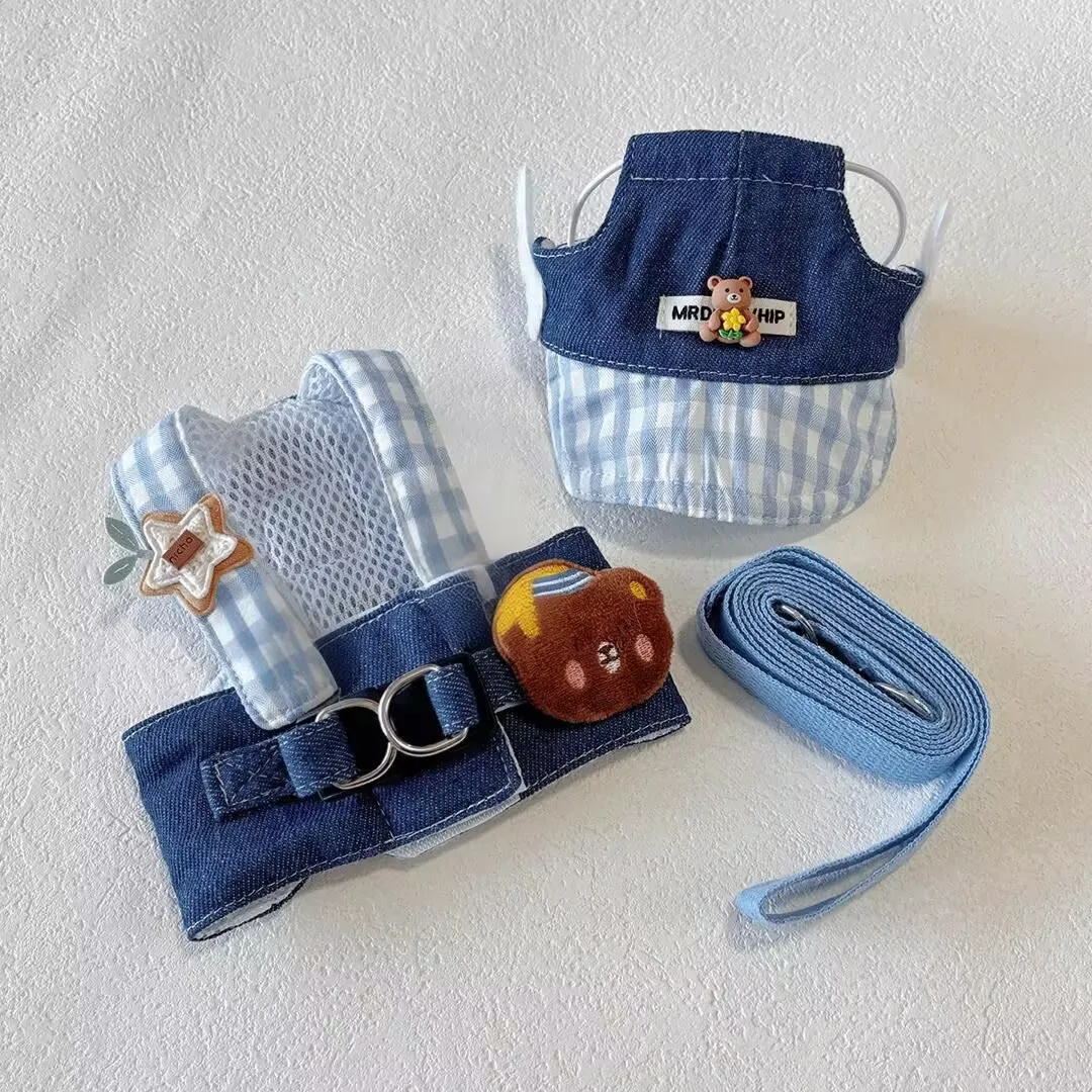 봄과 가을용 애완동물 가슴줄과 등줄, 강아지와 고양이 옷, 곰과 데님 스타일 가슴줄과 등줄, 귀여운 애완동물 짧은 스타일, 당길 수 있음