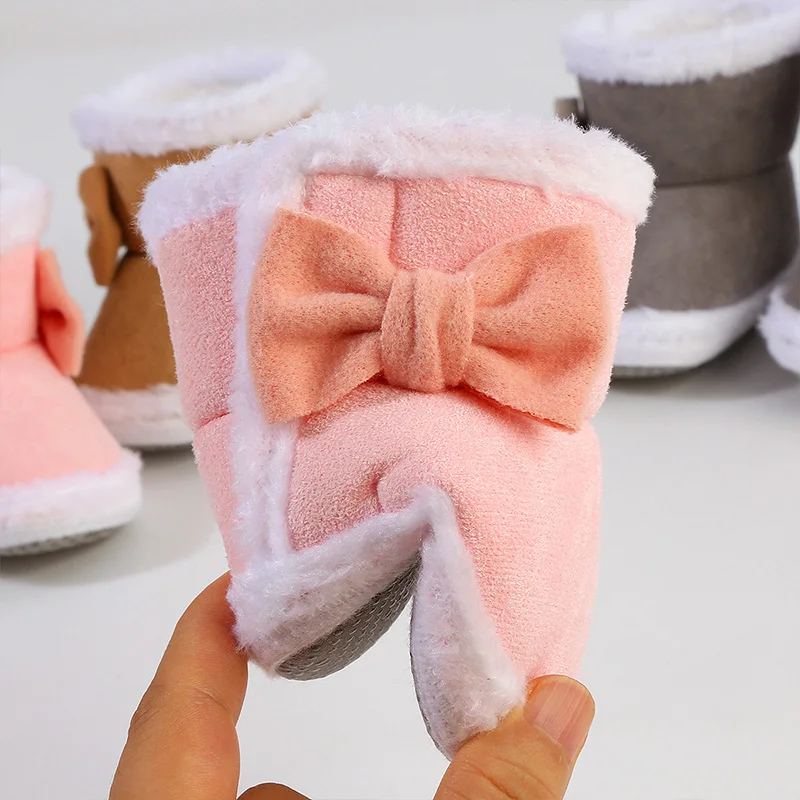 Newborn Babys Shoes Furry Snow Boots Cute Bowknot Girl Toddler Winter Plush Snow Booties Warm Infant Shoes Infant First Walkers