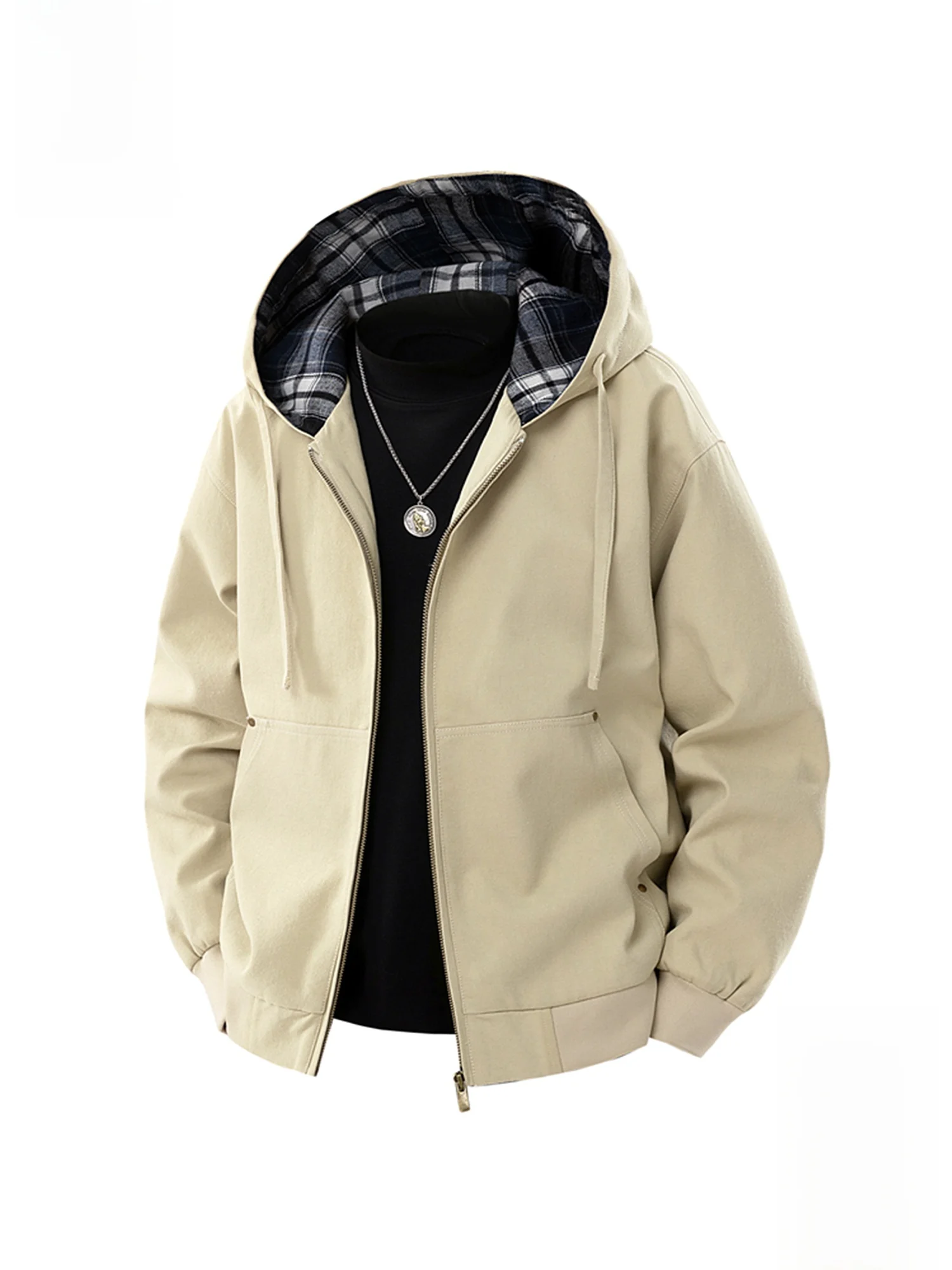 

PaulFrank Men's Casual Plaid Color Blo Hooded Jaet Spring Trendy Loose Outerwear Comfortable Cotton Stand Fit Zipper