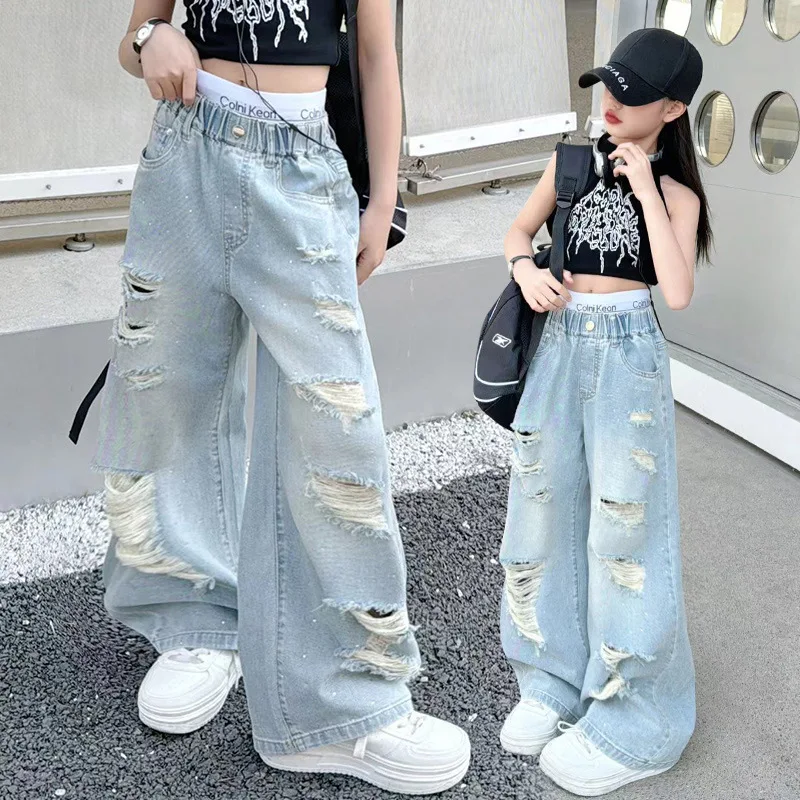 Summer School Teen Girls Ripped Jeans Trendy Wide Leg Denim Pants for Kids Fashion Casual Versatile Children Straight Trousers