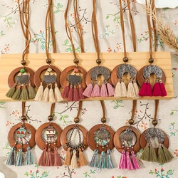 Bohemian Sweater Chain Choker Necklace For Women Round Wooden Boho Handmade Beads Tassel Metal Pendant Vintage Necklace Jewelry