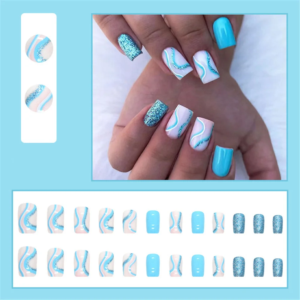 Set de uñas postizas de líneas onduladas, manicura de cabeza cuadrada francesa, uñas postizas de purpurina Simple, azul y blanco