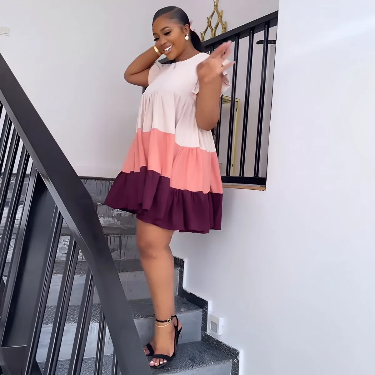 Sister Star Women's Spring and Summer Comfortable Casual Round Neck Ruffled Sleeve Color Collision Splicing Hem Loose Dresses