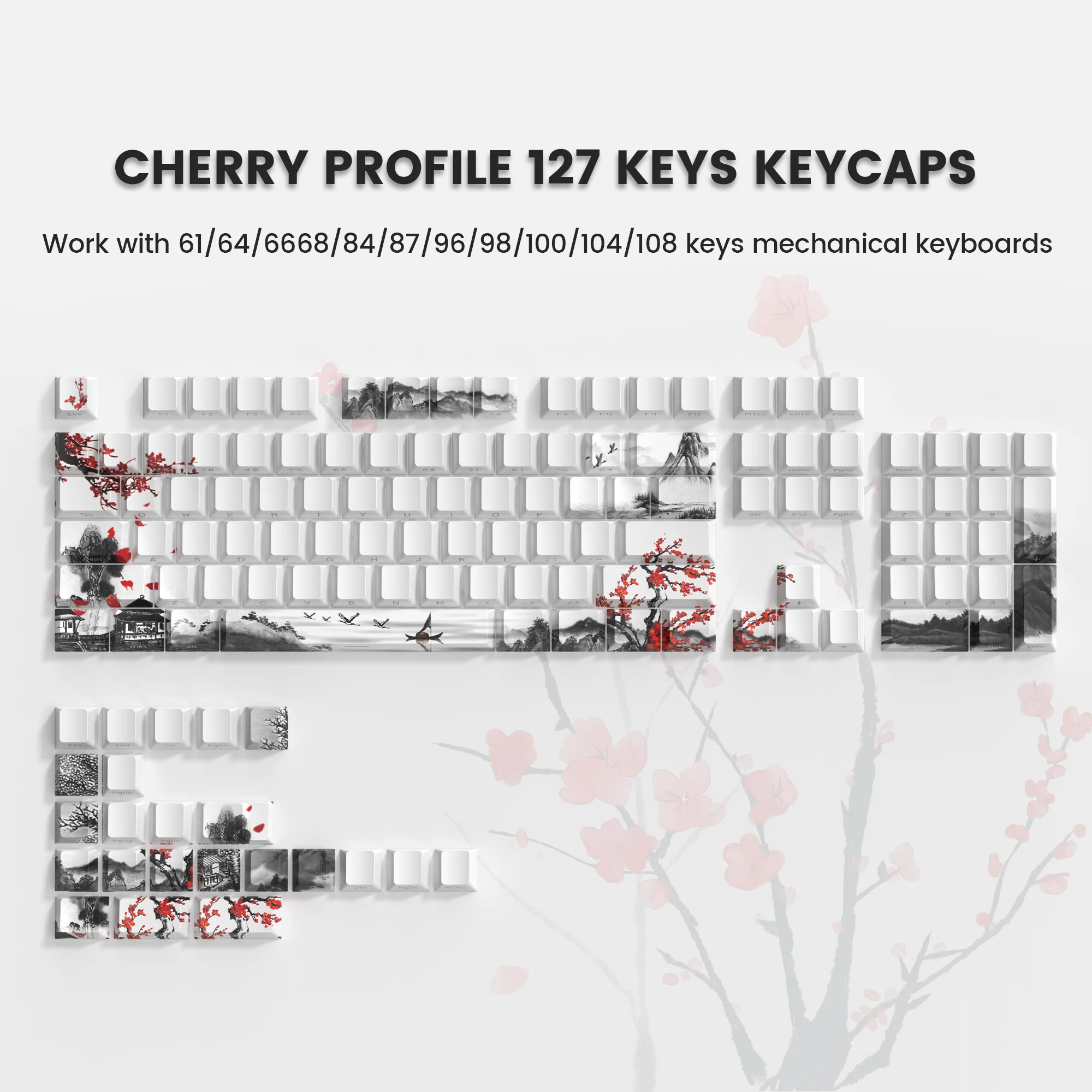 127 Tasten glänzen durch Pflaumenblüte Kirschprofil-Tastenkappe PBT-Tastenkappe Dye-Sub Cherry MX-Schalter für mechanische Gamer-Tastatur