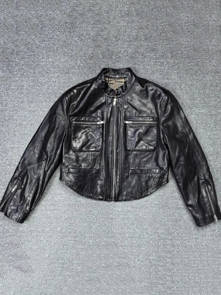 Giacca da motociclista in vera pelle da donna punk Colletto alla coreana primaverile Cappotto corto in pelle di pecora Manica lunga Streetwear Capispalla femminile