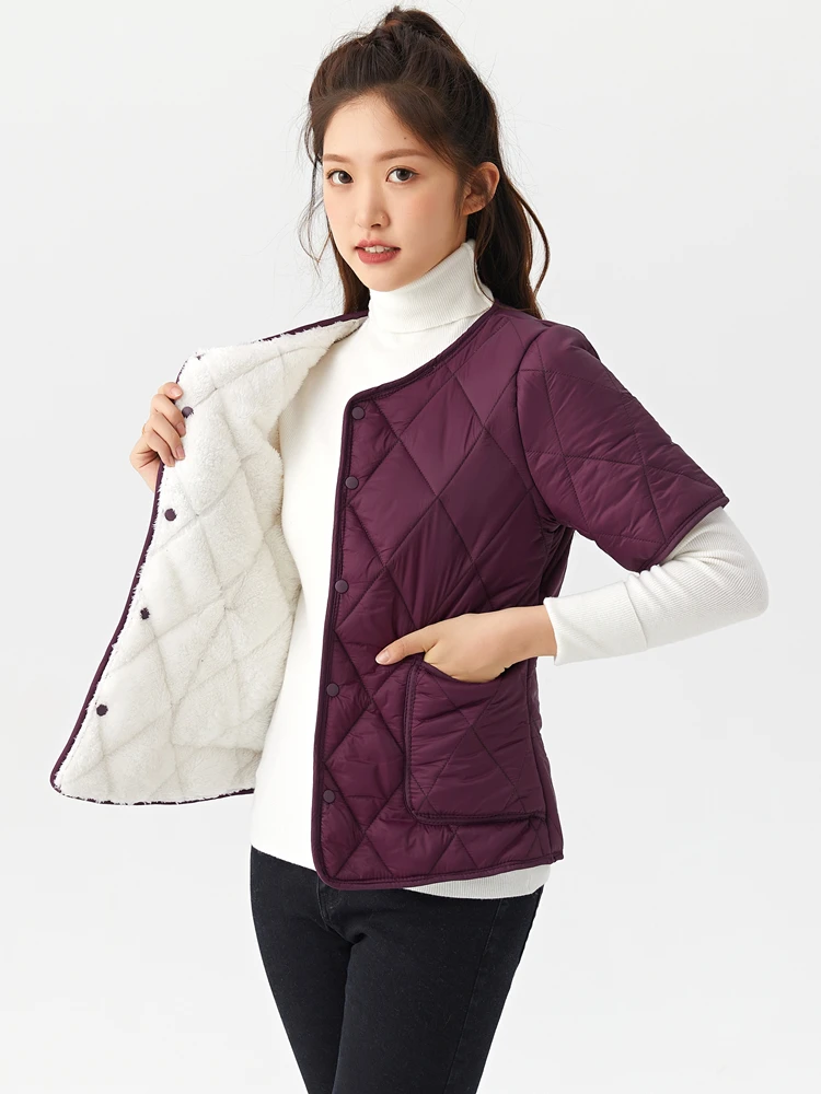 Women's Short Sleeve Thickened Fleece Lined Cotton Vest Autumn Winter Warm Inner Wear Slim Fit V-Neck Single Button Closure