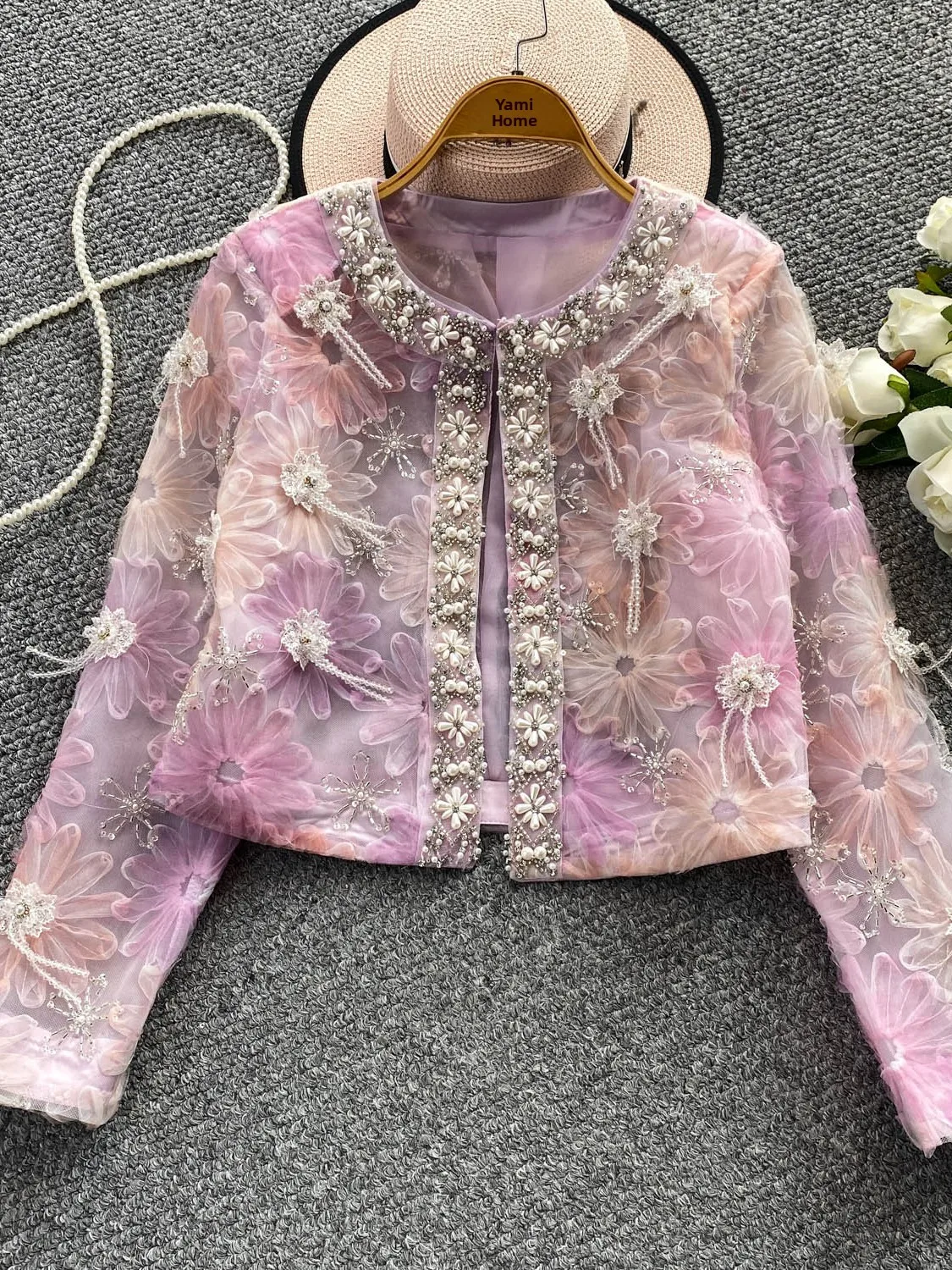 

Elegant round Neck Beaded Floral Embroidery Party Goddess Ageless Thin Sheer Outerwear Short Casual Women's Fashion Top